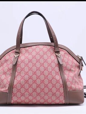 Pre loved Gucci Pink GG Monogram Tote with Brown Trim